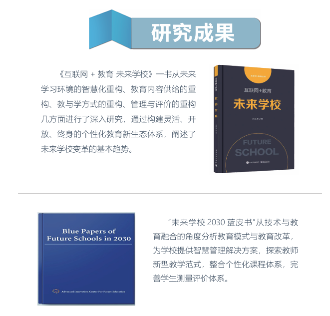 《互联网+教育 未来学校》从学习环境、教育内容、教与学方式、管理与评价的重构阐述未来学校变革趋势。《未来学校2030蓝皮书》从技术与教育融合分析教育改革，提供智慧管理方案，探索教师教学范式、个性化课程和测量评价体系。